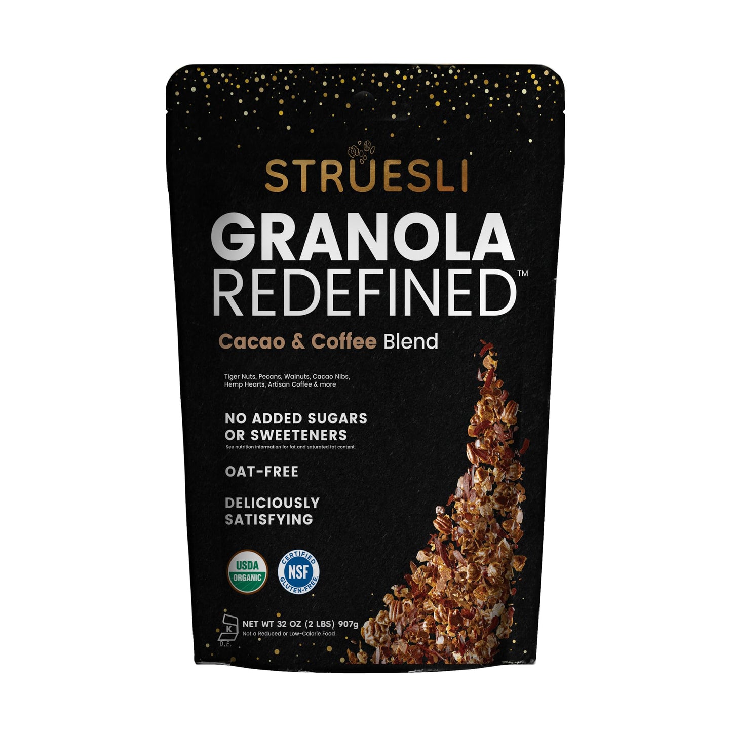 Struesli Cacao & Coffee Organic Granola, Grain & Gluten Free, Healthy Snacks with Cacao, Coffee, Tiger Nuts, Pecans, Walnuts, Hemp Hearts & Coconut