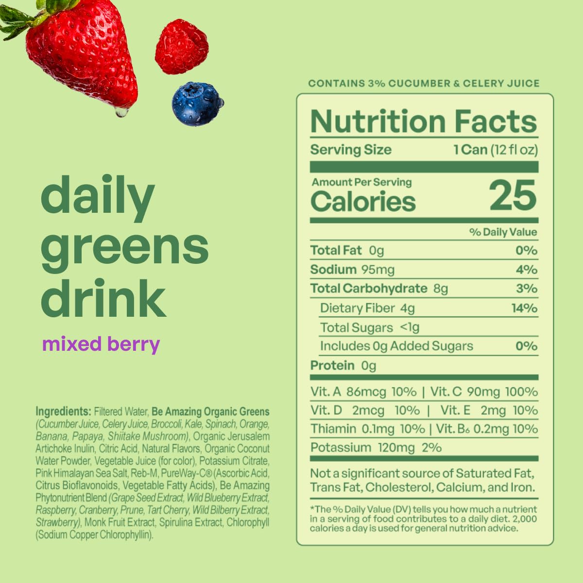 Be Amazing Greens Drink, Mixed Berry, Ready to Drink, 10 Organic Fruits & Vegetables, Coconut Water, Vitamin C, Prebiotic Fiber, 25 Calories, Low