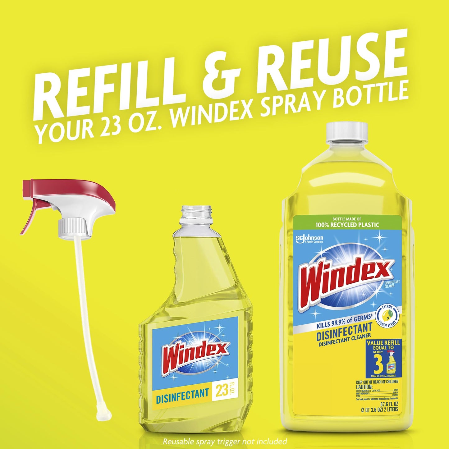 Windex Refill Multipurpose Disinfectant Cleaner Spray, Bottle Made from 100% Recycled Plastic, Surface Cleaning Spray, Citrus Fresh Scent, 2L (67.6 Fl
