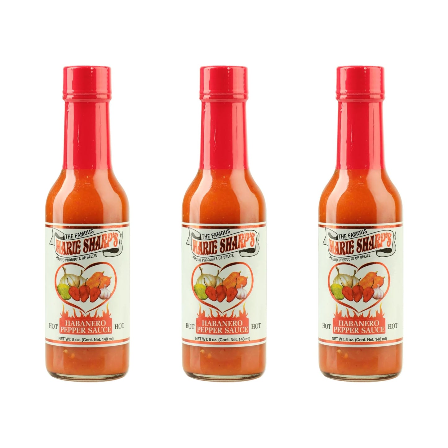 Marie Sharp's Hot Habanero Pepper Sauce, 5 oz - Authentic Belizean Hot Sauce with Fresh Red Habanero Peppers (Pack of 3)