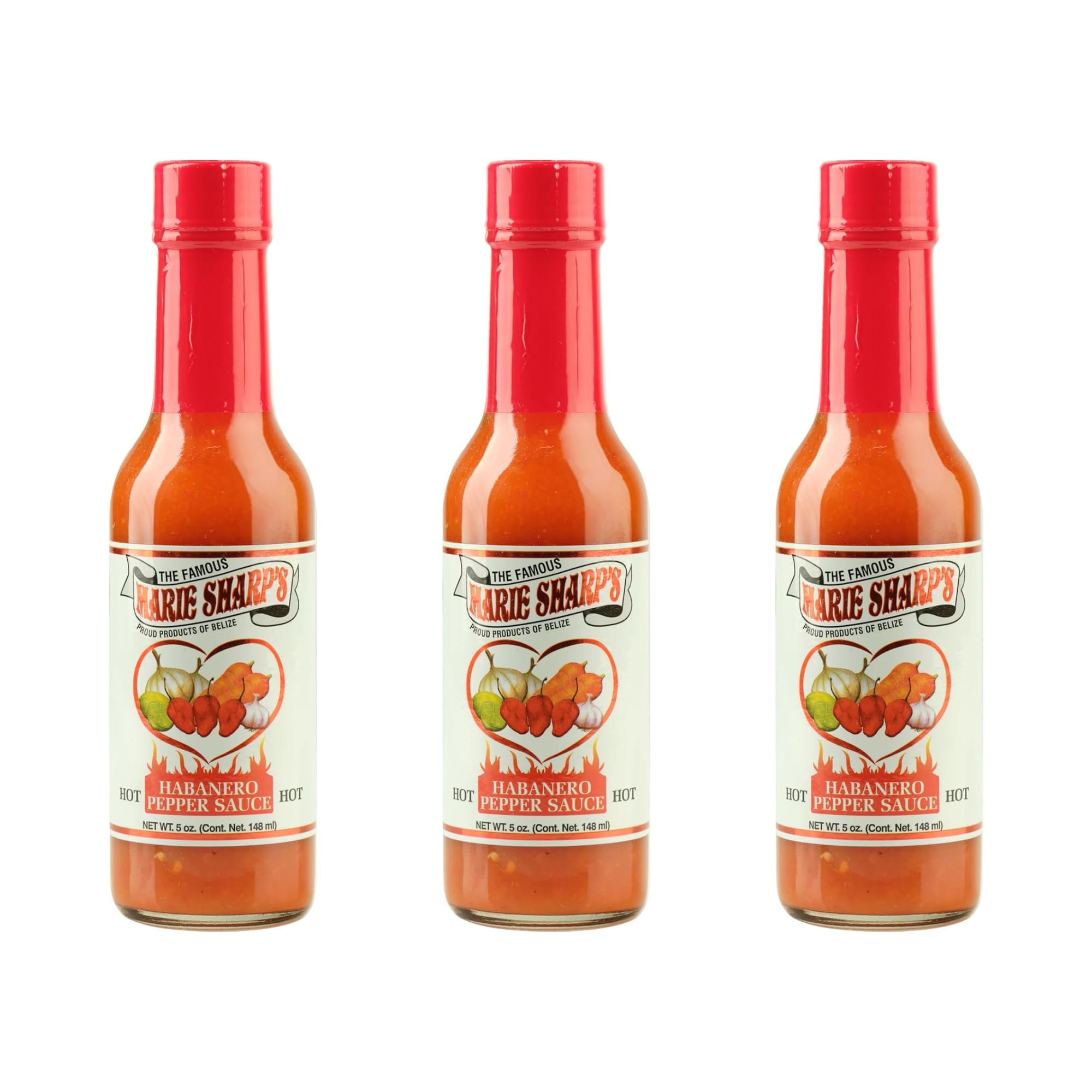 Marie Sharp's Hot Habanero Pepper Sauce, 5 oz - Authentic Belizean Hot Sauce with Fresh Red Habanero Peppers (Pack of 3)