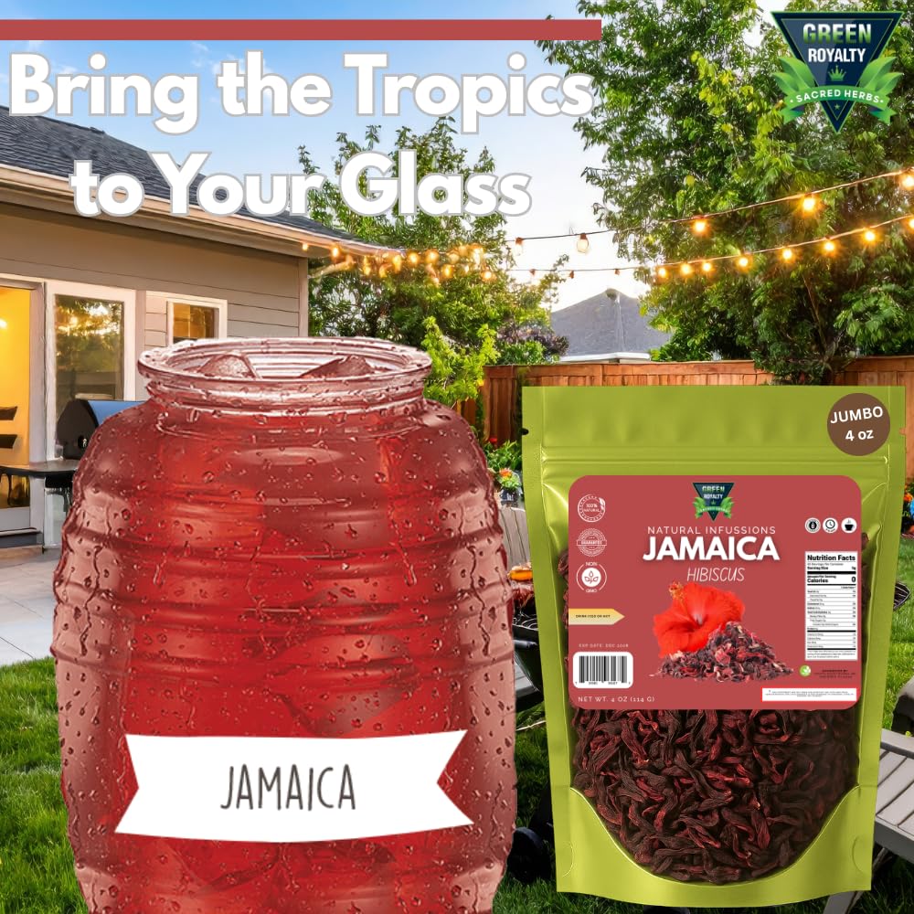 Green Royalty Jamaica (Hibiscus) 4 oz - 100% Natural Dried Hibiscus Flowers - Non-GMO, Gluten-Free, Caffeine-Free Herbal Infusion - Resealable Bag