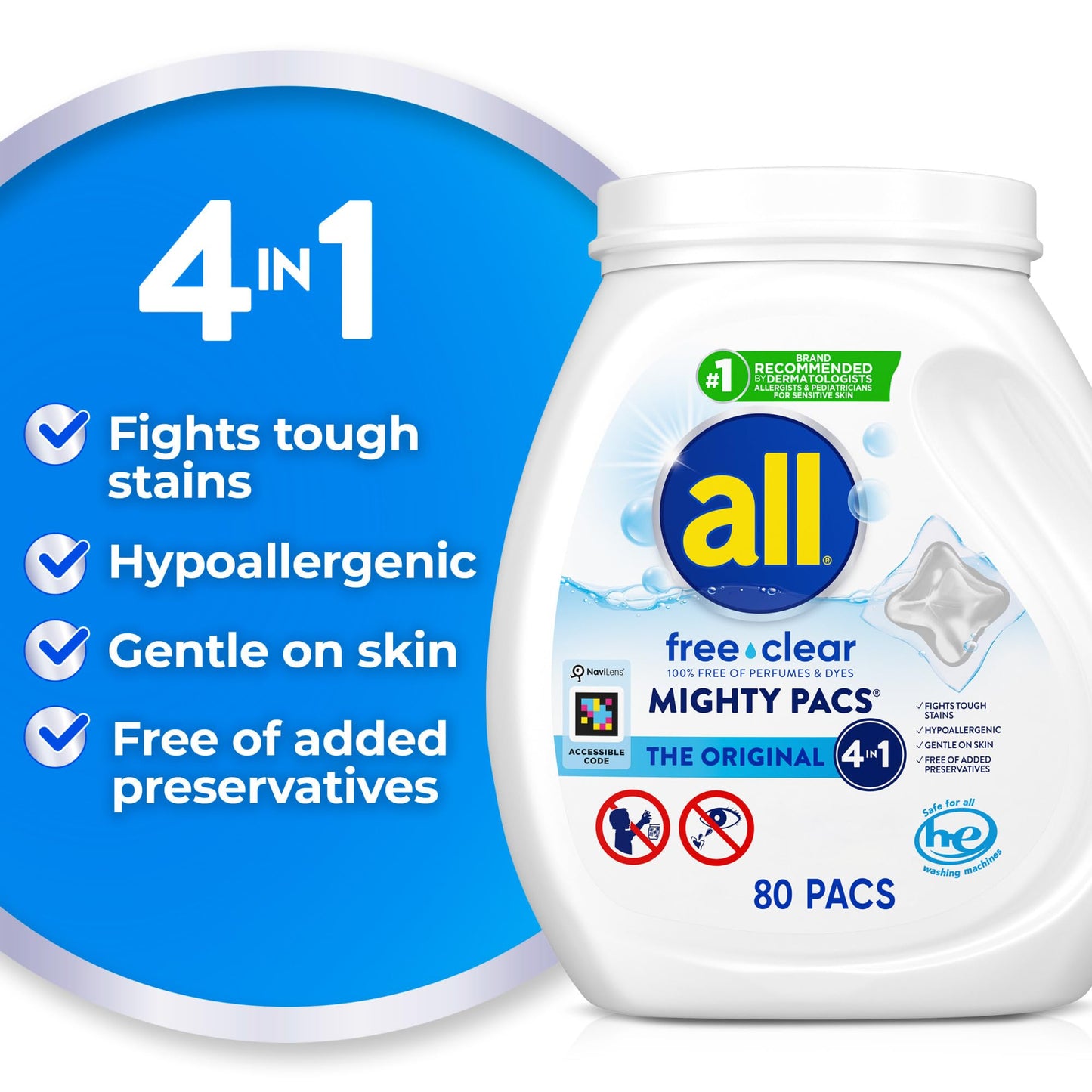all Unit Dose Laundry Detergent, Mighty Pacs, Free Clear, 80 Count