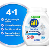 all Unit Dose Laundry Detergent, Mighty Pacs, Free Clear, 80 Count