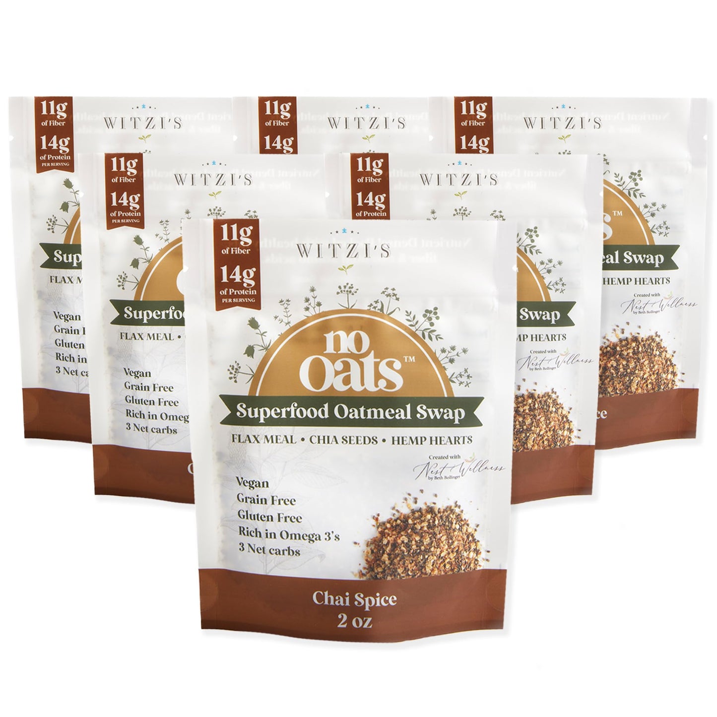 Witzi's No Oats Oatmeal Alternative, Chai Spice, 2oz (Pack of 6), Made with Chia Seeds, Cinnamon & Allspice, Grain Free, Gluten Free, Vegan, Keto