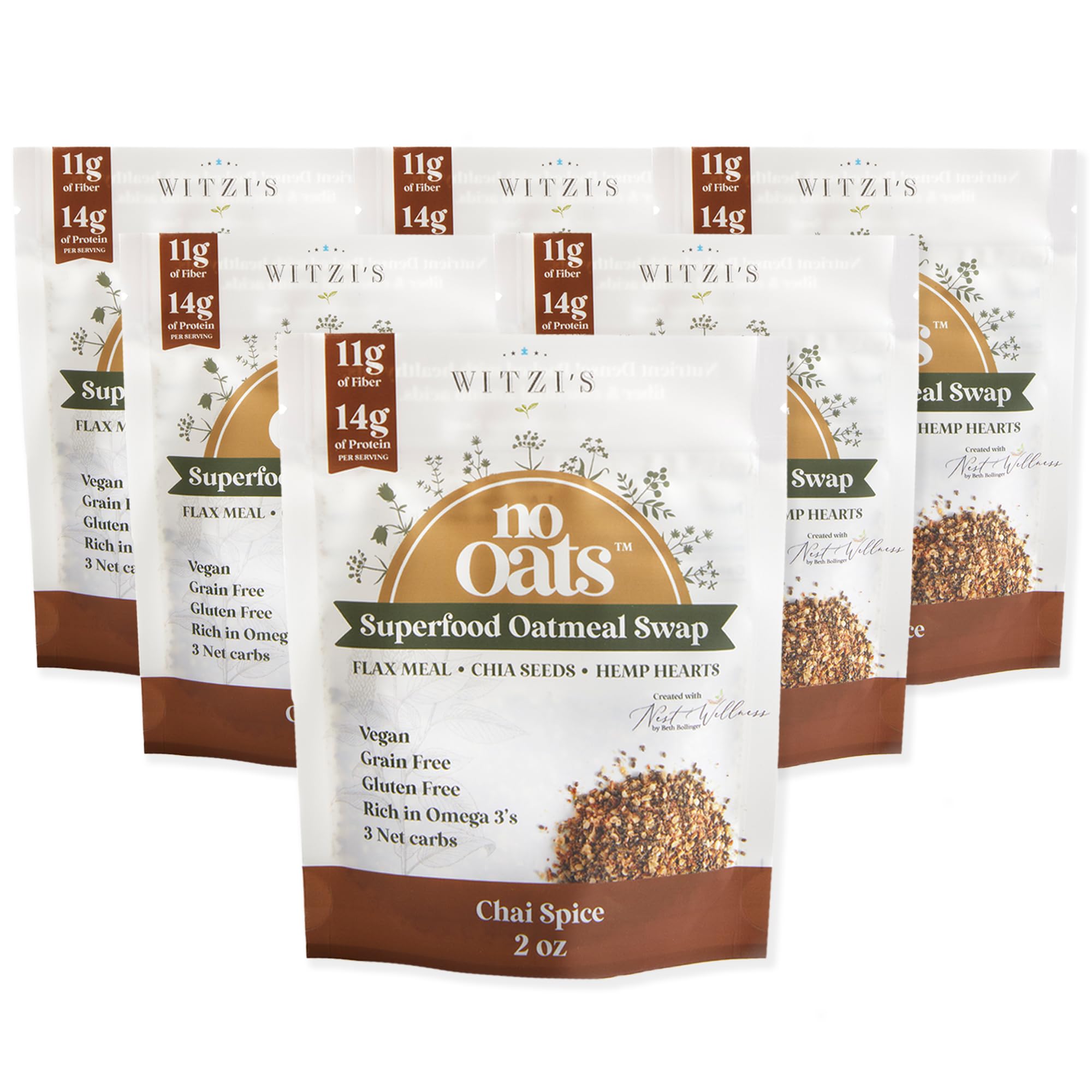Witzi's No Oats Oatmeal Alternative, Chai Spice, 2oz (Pack of 6), Made with Chia Seeds, Cinnamon & Allspice, Grain Free, Gluten Free, Vegan, Keto