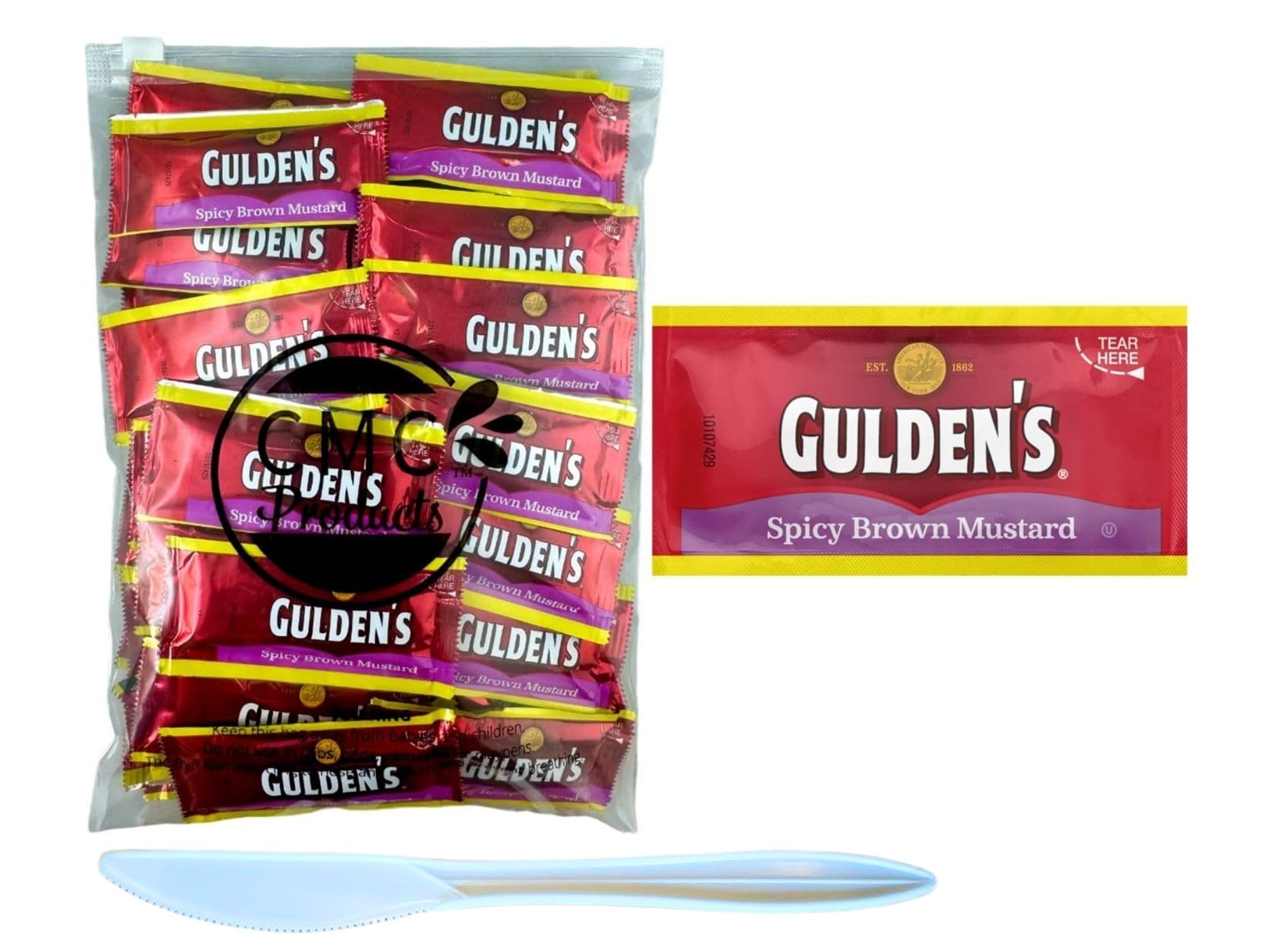 Gift Set: Spicy Brown Mustard Packets (9g) - 50 Count with Spreader in Food-Safe Slide-Seal Bag by CMC Products (approximately 50 packets)