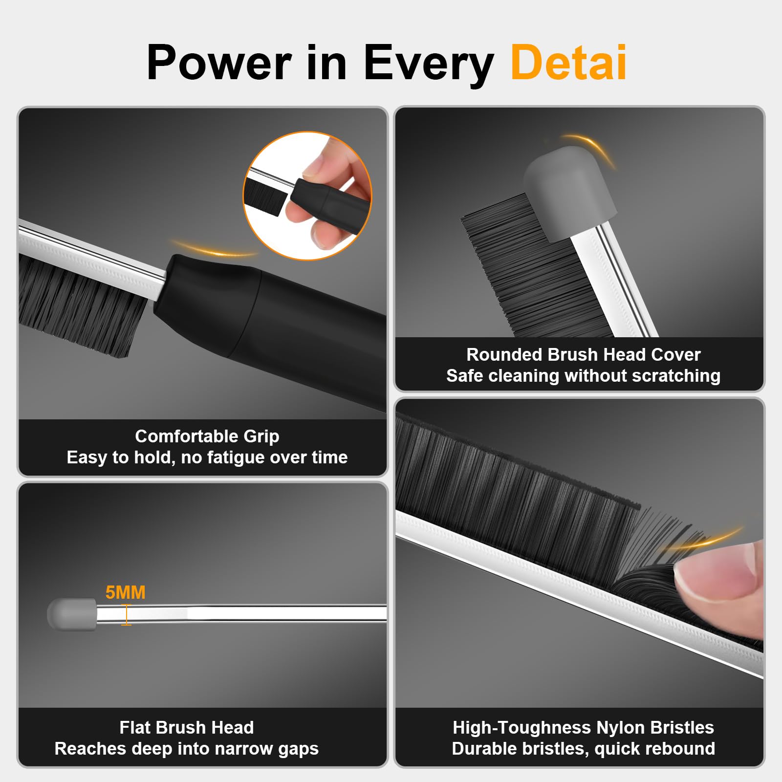 Masgarlan Crevice Cleaning Brush 3 Pack, Stainless Steel Bristle Support Rod, Rust-Resistant & Durable, Rounded Protective Head, Stiff Bristles