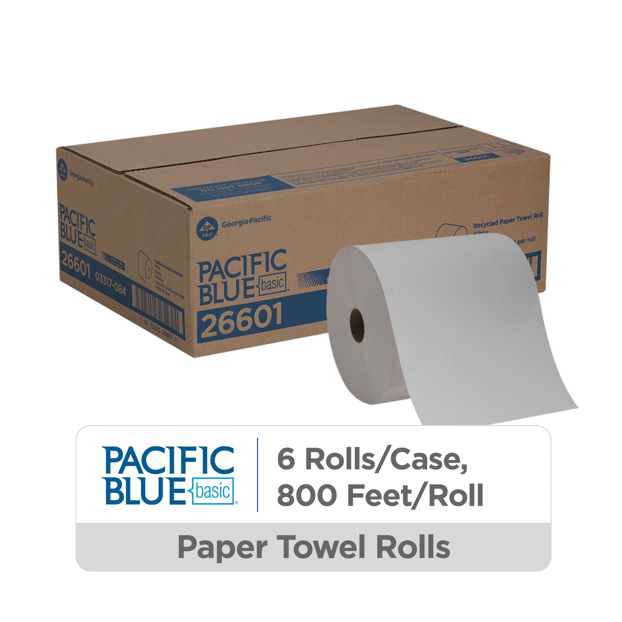 Pacific Blue Basic Recycled Paper Towel Rolls (previously branded Envision) by GP PRO (Georgia-Pacific), White, 26601, 800 Feet Roll (Pack of 1)