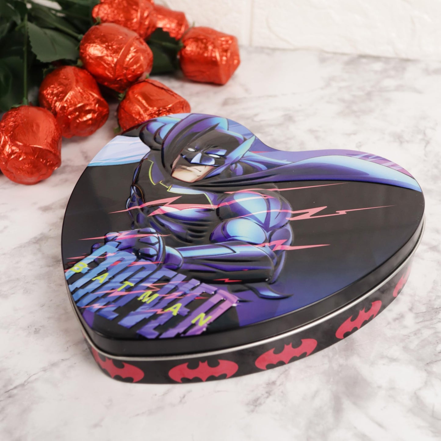Batman Heart Tin, Milk Chocolatey Hearts Inside, Individually Wrapped Pieces, Festive Candy Gift, 2.12 Ounces