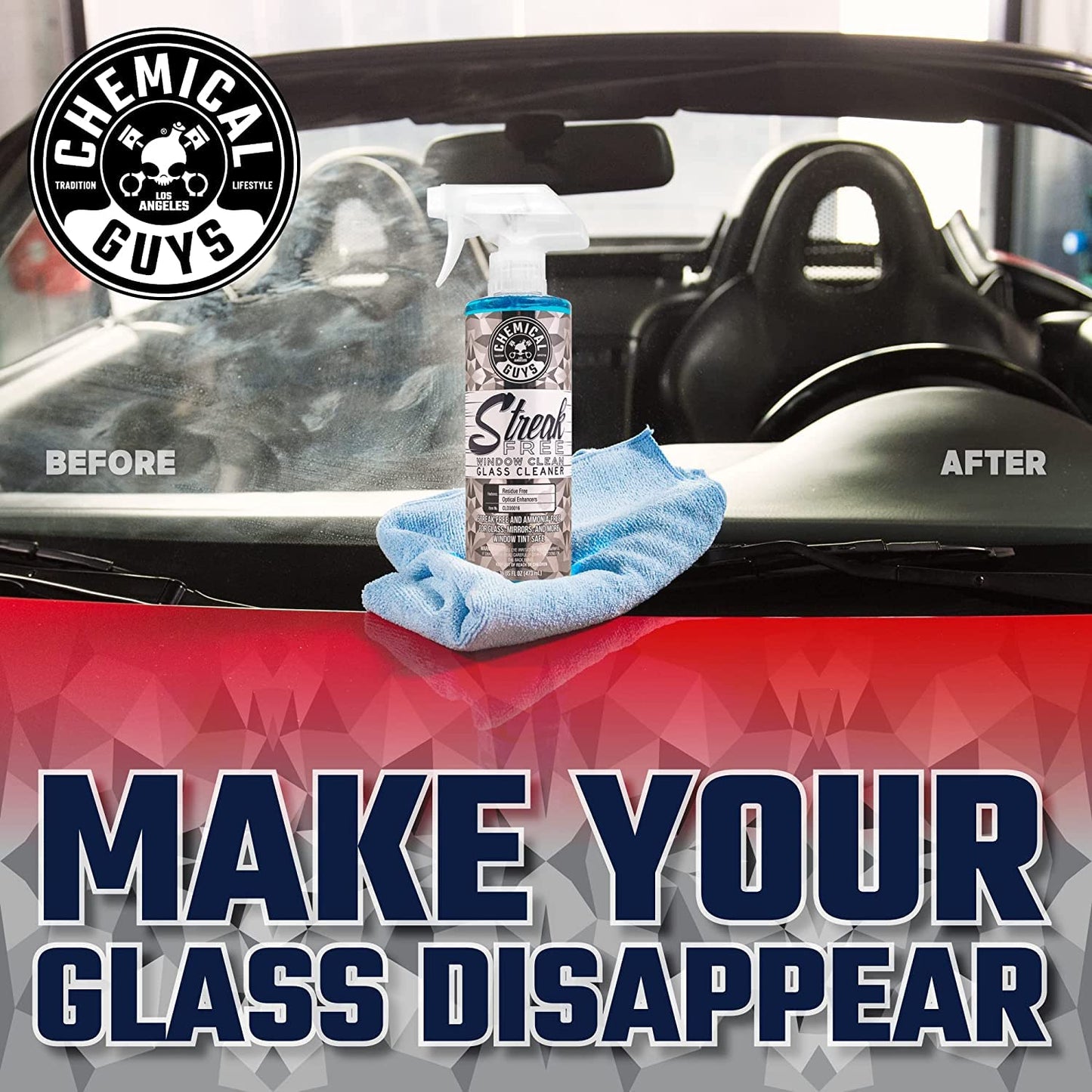 Chemical Guys Streak Free Window Cleaner - Ammonia-Free Glass Cleaner for Crystal Clear Clarity, Safe on Tint, Mirrors, Touchscreens, Windshields