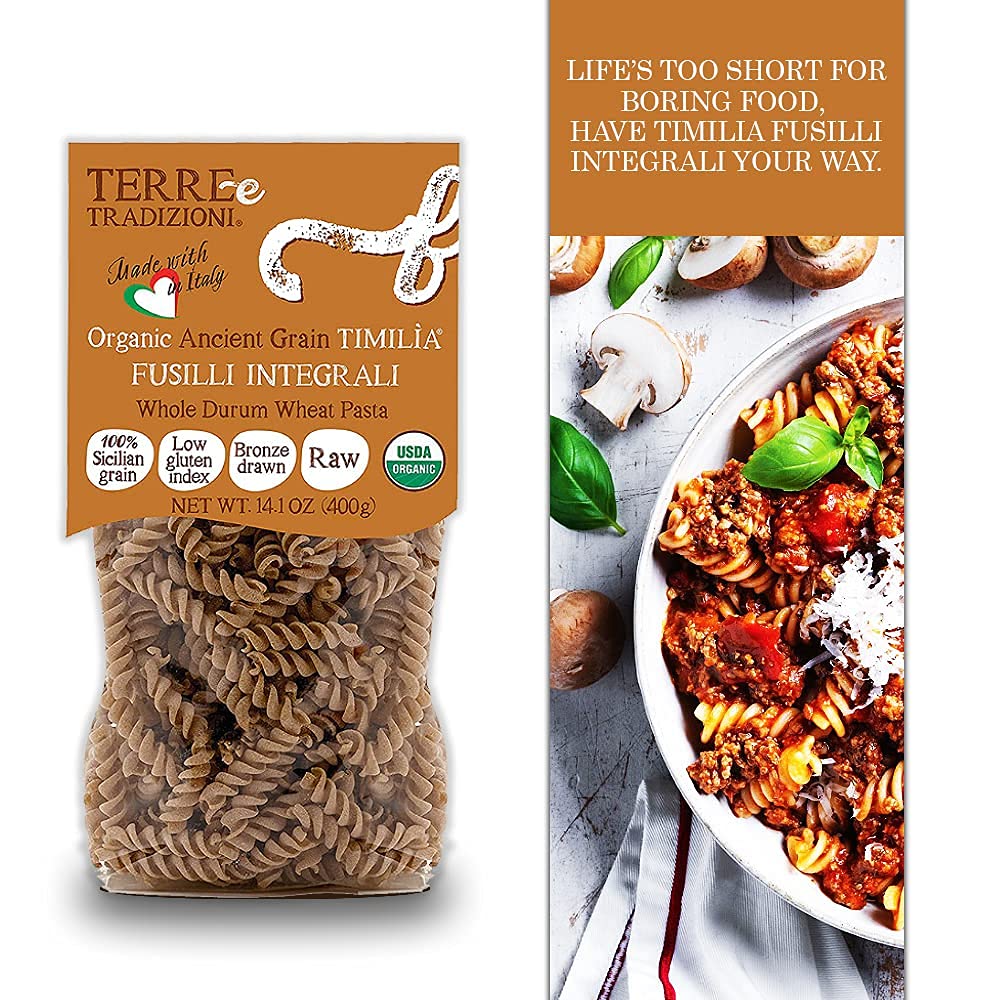 3 PACKS ORGANIC ITALIAN WHOLE DURUM WHEAT FUSILLI PASTA - Sicilian Ancient Grain Timilia Vegan Pasta Crafted in Italy. LOW-GLUTEN INDEX. Has 6X More