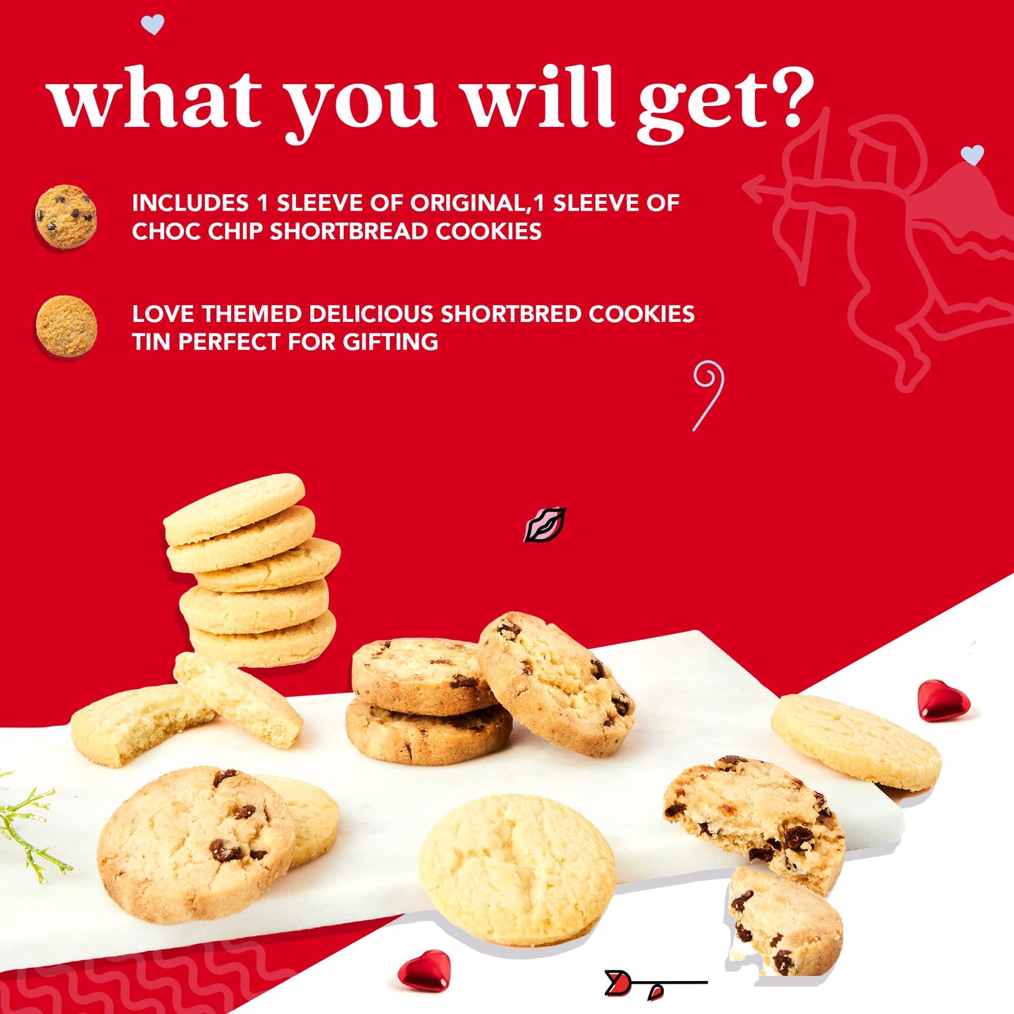 David’s Cookies Shortbread Cookies in Sweet Sampler Tin - Original and Chocolate Chip Shortbread Cookies in a Love-Themed Gift Tin - Gourmet Food Gift