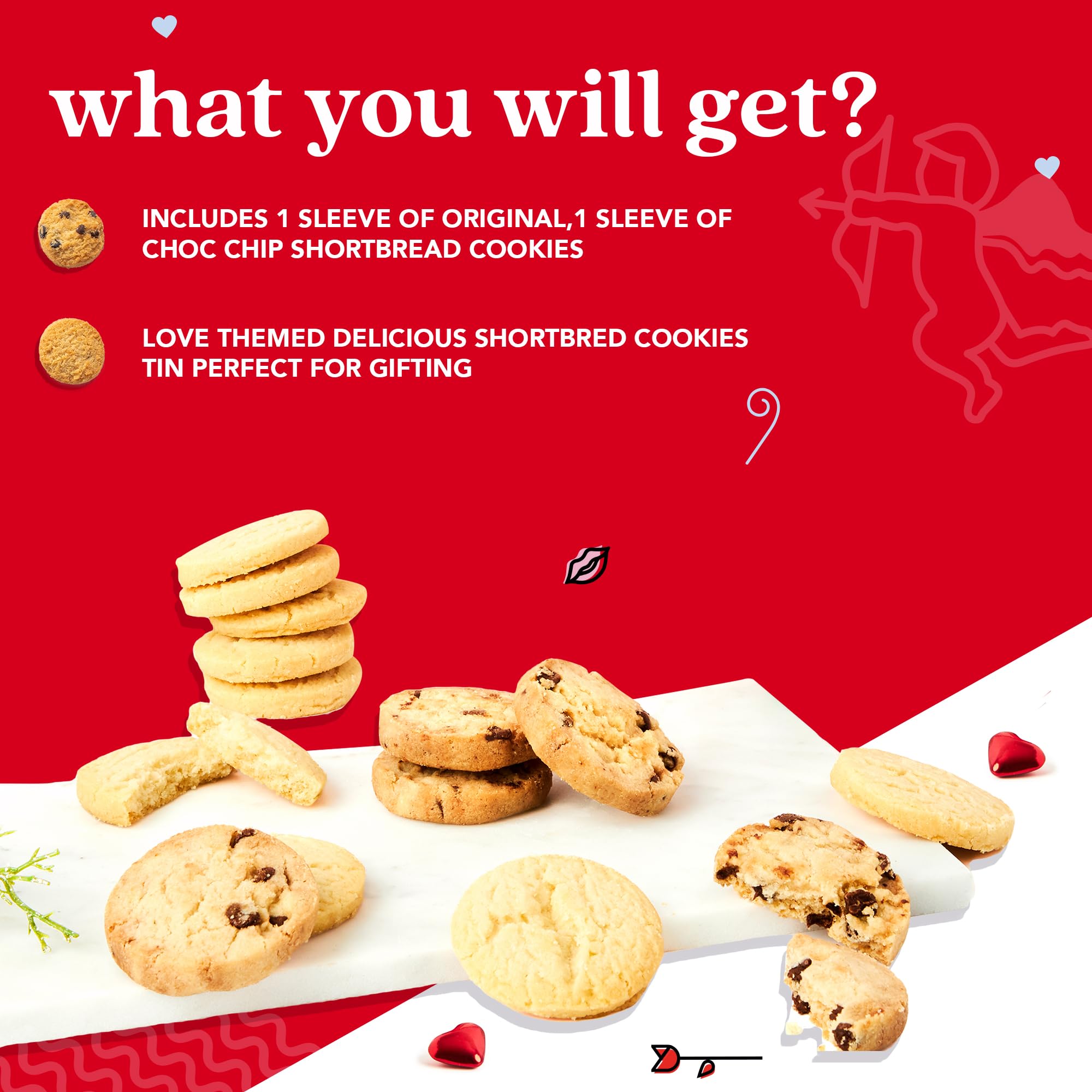 David’s Cookies Shortbread Cookies in Sweet Sampler Tin - Original and Chocolate Chip Shortbread Cookies in a Love-Themed Gift Tin - Gourmet Food Gift