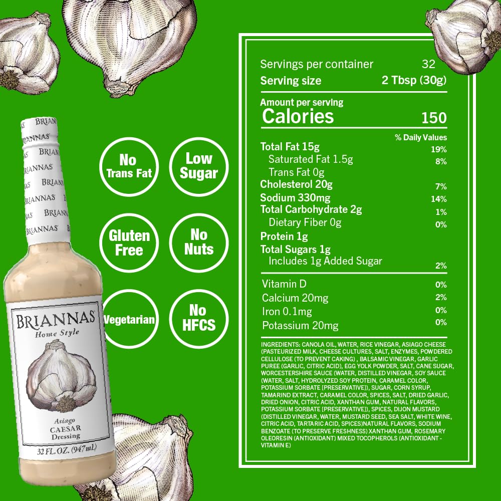 BRIANNAS - Home Style Asiago Caesar Dressing - Fine Salad Dressing made with Premium Ingredients - Gluten Free and Low Sugar Dressing - 32 oz. Bottles
