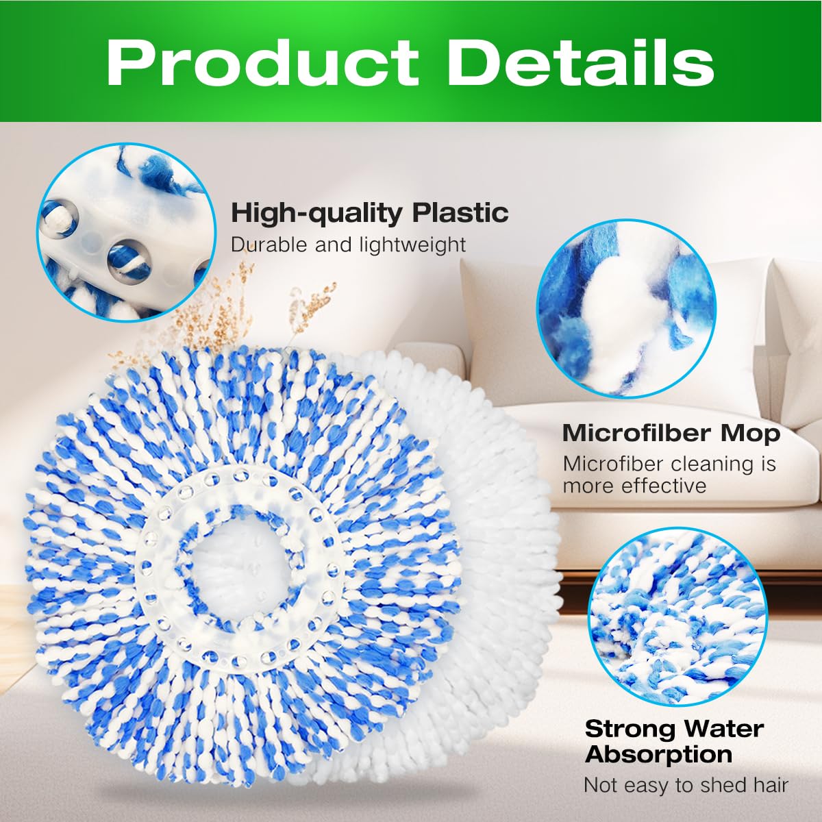 4 Pack Mop Head Replacement Compatible with Libman All-in-One Clean Spin Mop and Bucket System, Microfiber Spin Mop Replacement Head, Easy to Replace