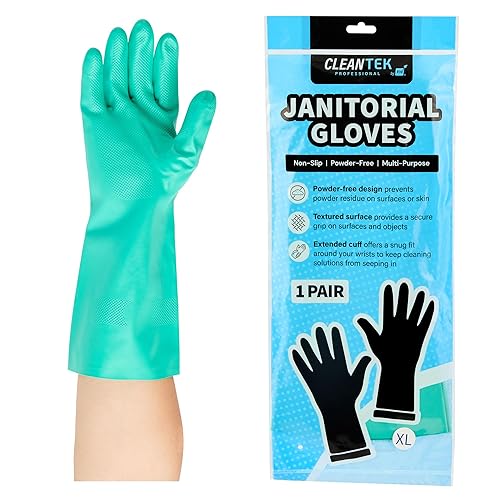 Restaurantware-Clean Tek Professional 15 Mil Extra Large Cleaning Gloves, 1 Pair Of Long Cuff Gloves - Flock Lining, No-Powder, Green Nitrile Chemical
