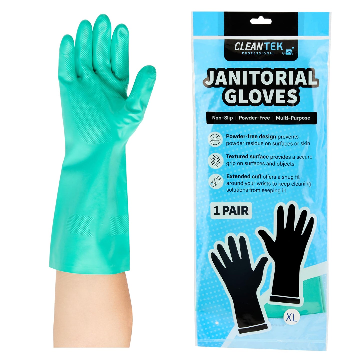 Restaurantware-Clean Tek Professional 15 Mil Extra Large Cleaning Gloves, 1 Pair Of Long Cuff Gloves - Flock Lining, No-Powder, Green Nitrile Chemical