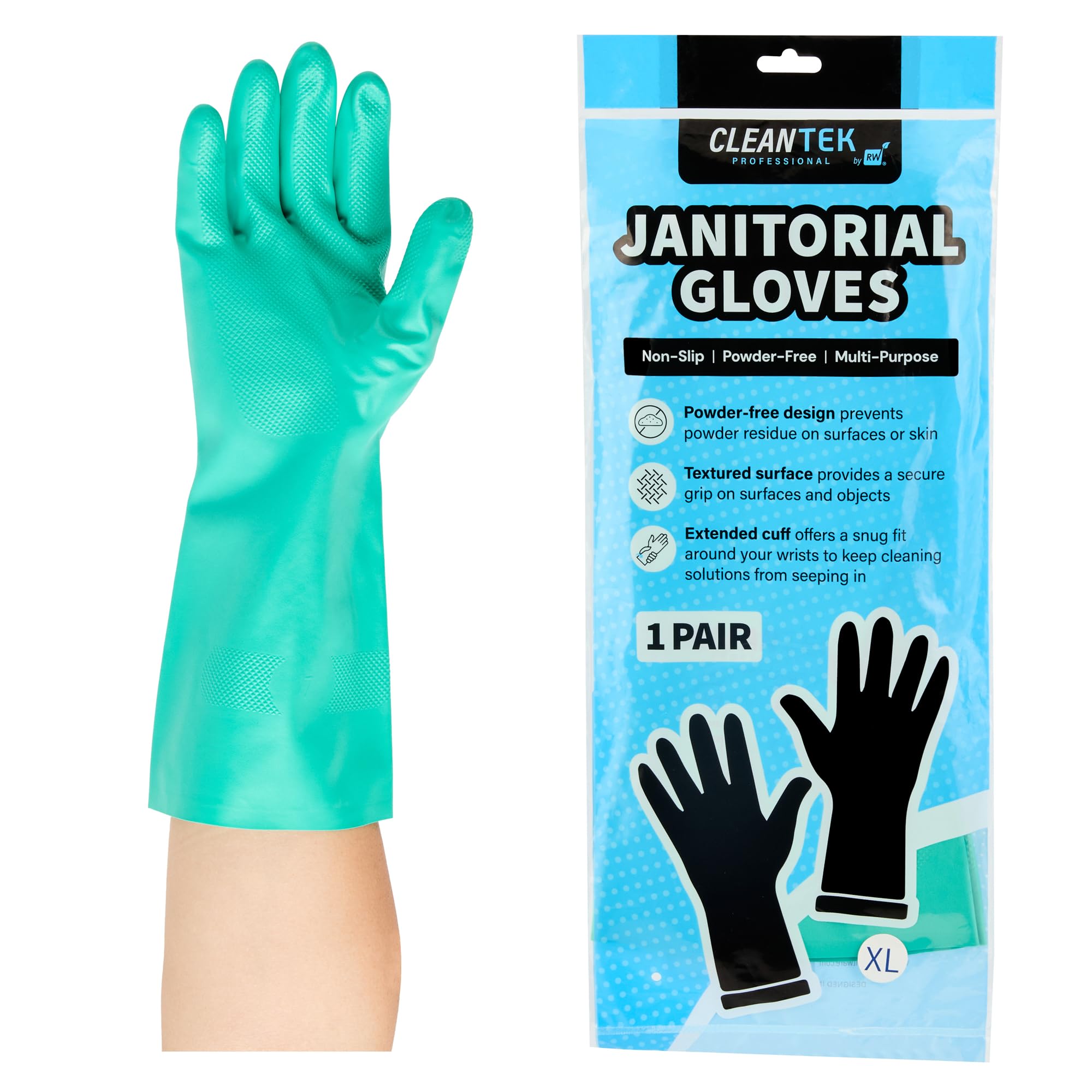 Restaurantware-Clean Tek Professional 15 Mil Extra Large Cleaning Gloves, 1 Pair Of Long Cuff Gloves - Flock Lining, No-Powder, Green Nitrile Chemical