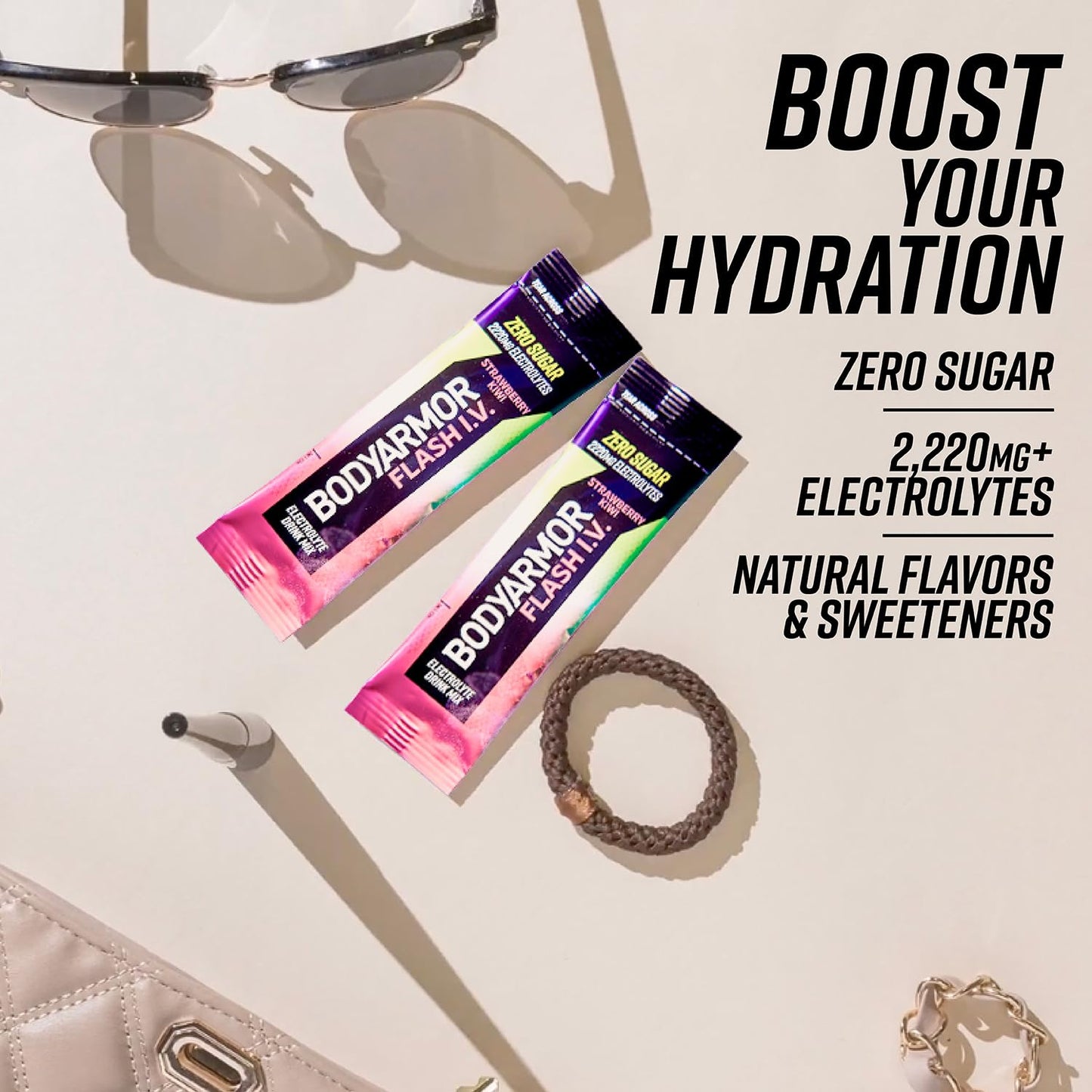 BODYARMOR Flash IV Electrolyte Packets, Strawberry Kiwi, Lemon Lime, & Tropical Punch Variety Pack - Zero Sugar Drink Mix, Single Serve Packs, Coconut