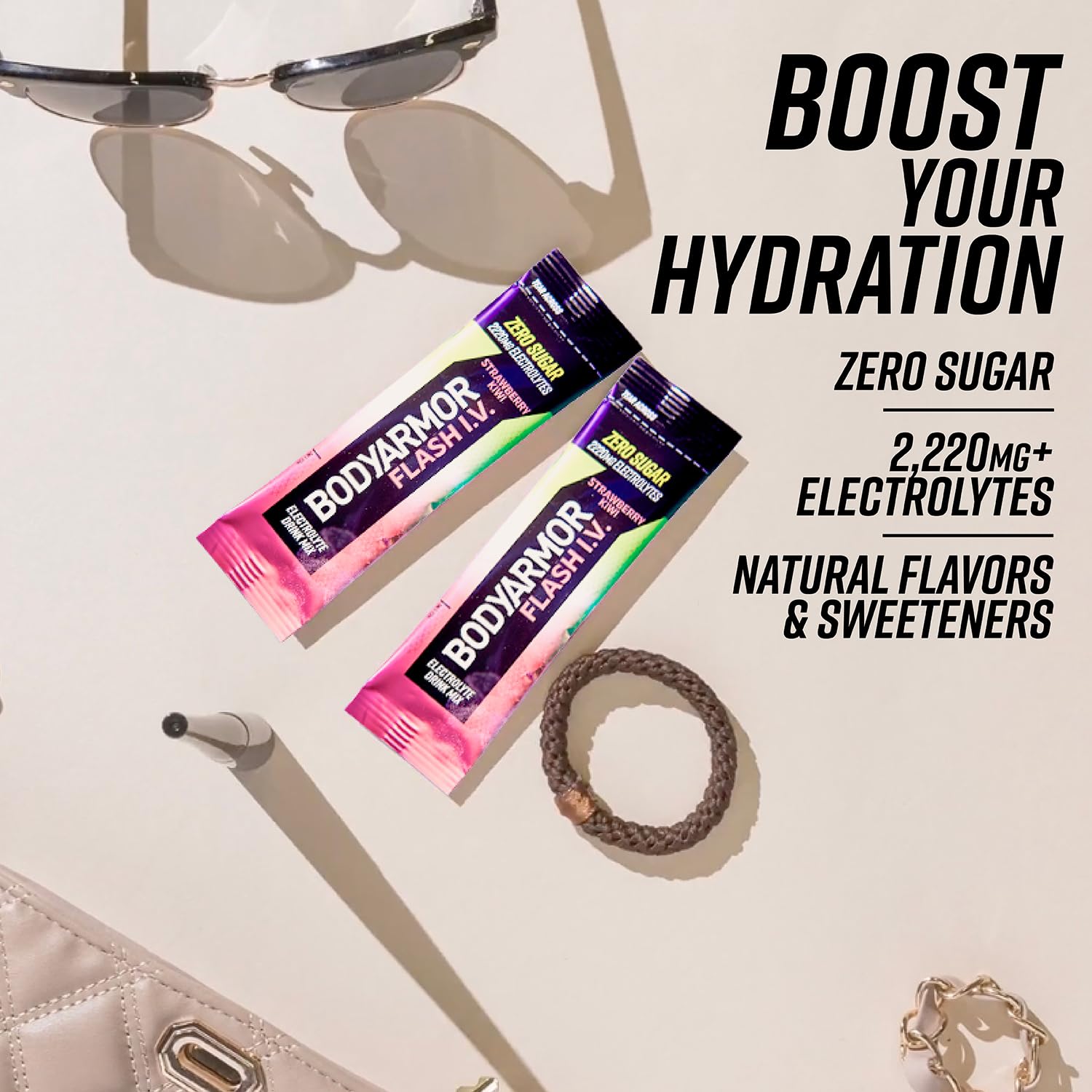 BODYARMOR Flash IV Electrolyte Packets, Strawberry Kiwi, Lemon Lime, & Tropical Punch Variety Pack - Zero Sugar Drink Mix, Single Serve Packs, Coconut