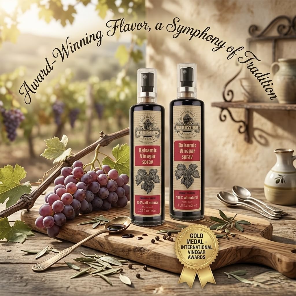 Ellora Farms, Balsamic Vinegar Spray bottle, clog-free pump, barrel aged, Greece, 3.38 oz X 2 Glass bottles in Handcrafted Wooden Gift Box