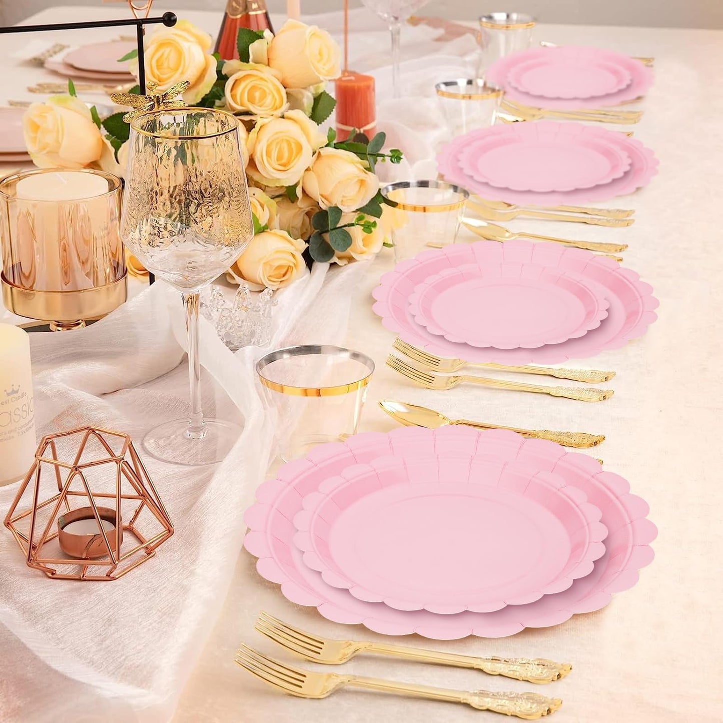 168 Pcs Pink Paper Plates and Napkins, Light Pink Party Supplies Include Scalloped Plate Napkins Cups Forks Knives Disposable Plastic Cutlery