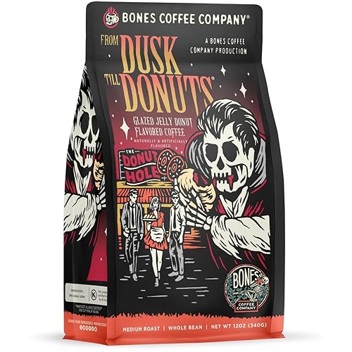 Bones Coffee Company From Dusk Till Donuts Jelly Donuts Flavored Coffee, Medium Roast Low Acid Arabica Beans Compatible with Auto drip and French