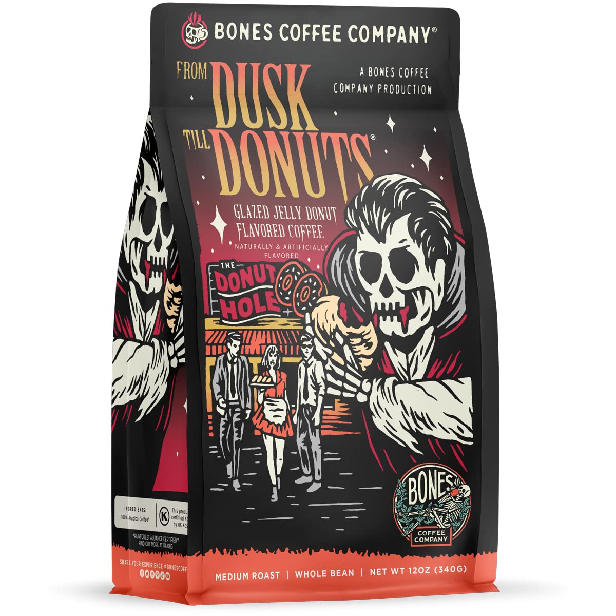 Bones Coffee Company From Dusk Till Donuts Jelly Donuts Flavored Coffee, Medium Roast Low Acid Arabica Beans Compatible with Auto drip and French