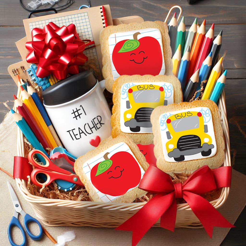 School Cookies Teacher Appreciation Bulk Individually Wrapped Party Favors | Thank You 24 Pack | Back To School Gift Basket | Apple and School Bus |