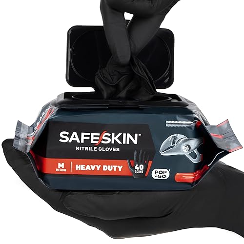 SAFESKIN Heavy Duty Nitrile Disposable Gloves, Pack of 40, Powder Free, Black - Plumbing, Gardening, Painting, Food Handling