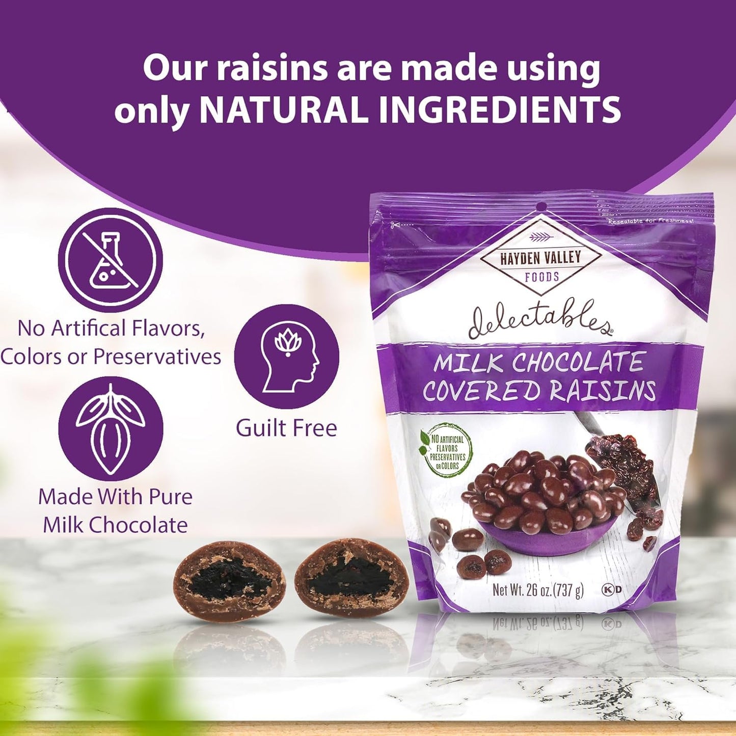 Hayden Valley Foods Milk Chocolate Covered Raisins | 26 oz Resealable Bag | No Artificial Flavors, Preservatives or Colors | Bulk Gourmet Sweet Fruit