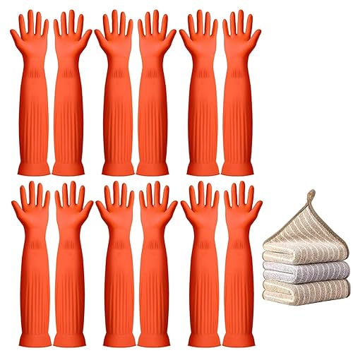 Vsootal 17.8" 6 Pairs Reusable Long Household Cleaning Gloves,Rubber Kitchen Dishwashing Gloves,Thickening,Long Sleeves, for Washing Dishes, Pet