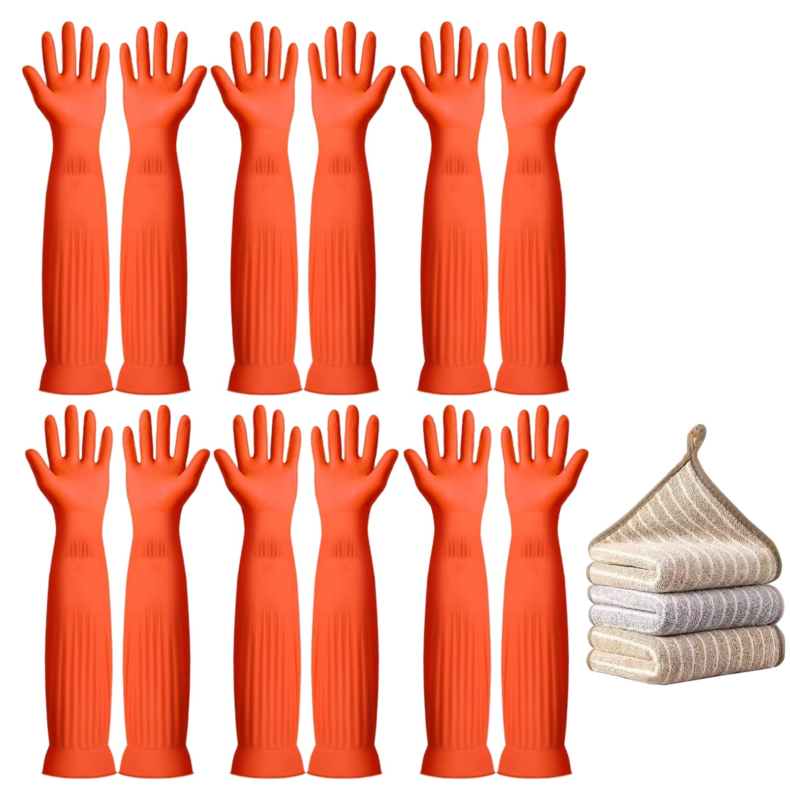 Vsootal 17.8" 6 Pairs Reusable Long Household Cleaning Gloves,Rubber Kitchen Dishwashing Gloves,Thickening,Long Sleeves, for Washing Dishes, Pet