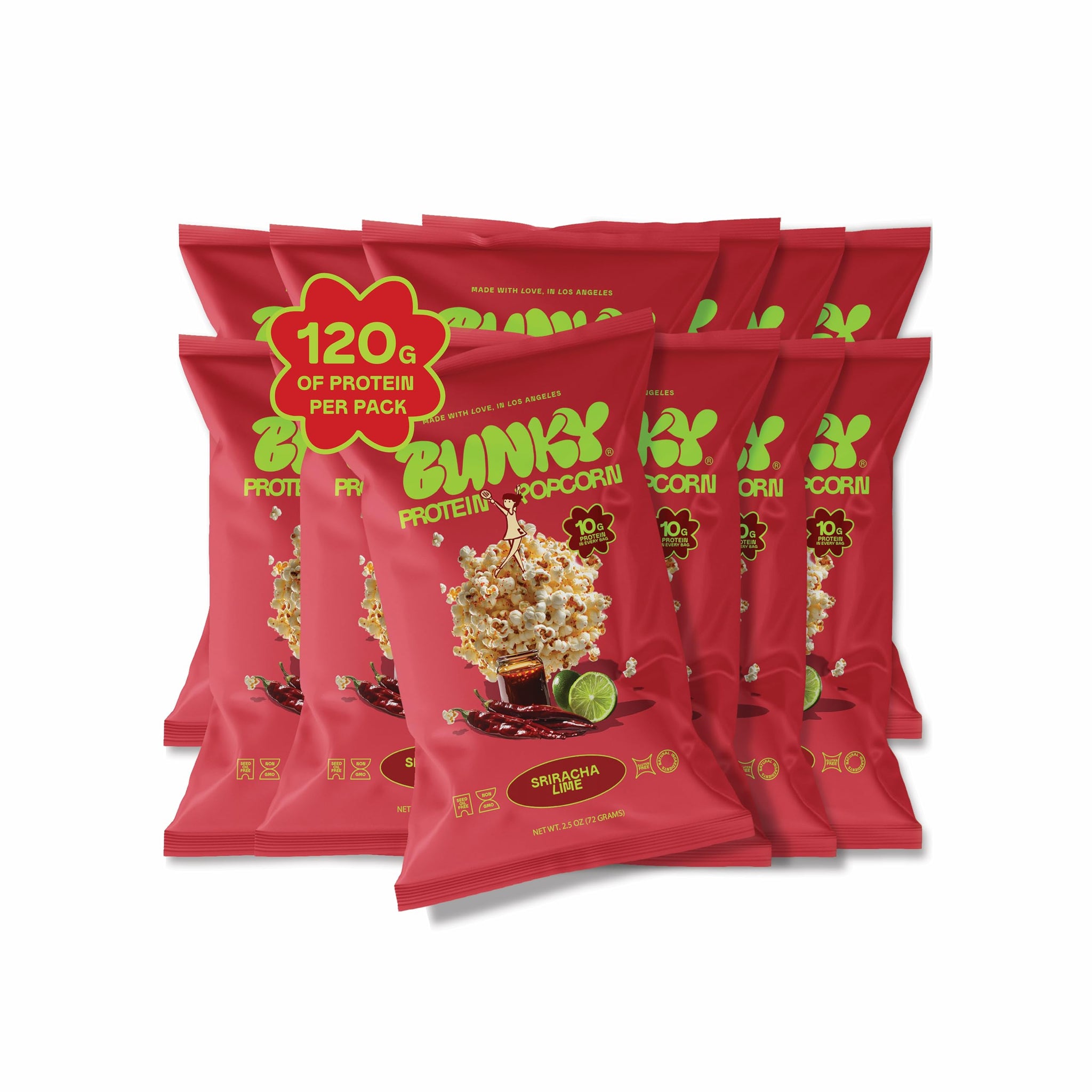 BUNKY Protein Popcorn | Premium High-Protein Air-Popped Snack | Aged White Cheddar & Sriracha Lime | Low Calorie, High Fiber, Guilt-Free Crunch | 10g