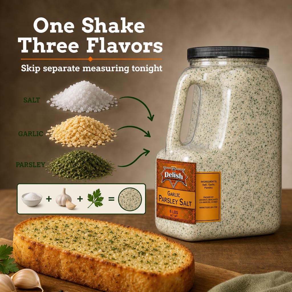 Garlic Parsley Salt by It's Delish - 6 LBS Bulk Restaurant Gallon Jug with Handle | Premium Salt, Garlic & Parsley Blend for Garlic Bread, Steak