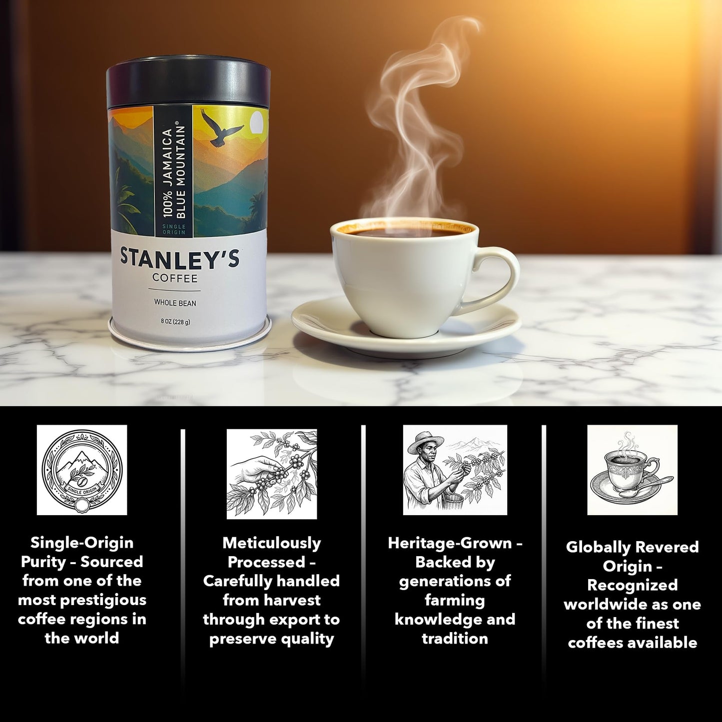 Stanley's Coffee - 100% Jamaica Blue Mountain Coffee, Authentic Whole Bean, Medium Roast, Certified Single Origin Gourmet Jamaican Coffee, Premium