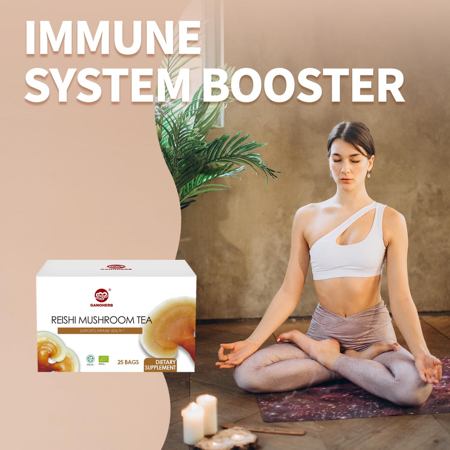 GANOHERB Organic Reishi Mushroom Tea, Adaptogen Ganoderma Lucidum Herbal Tea for Immune Health Boost, Stress Relief, Caffeine-Free, No Sugar, 25 Count