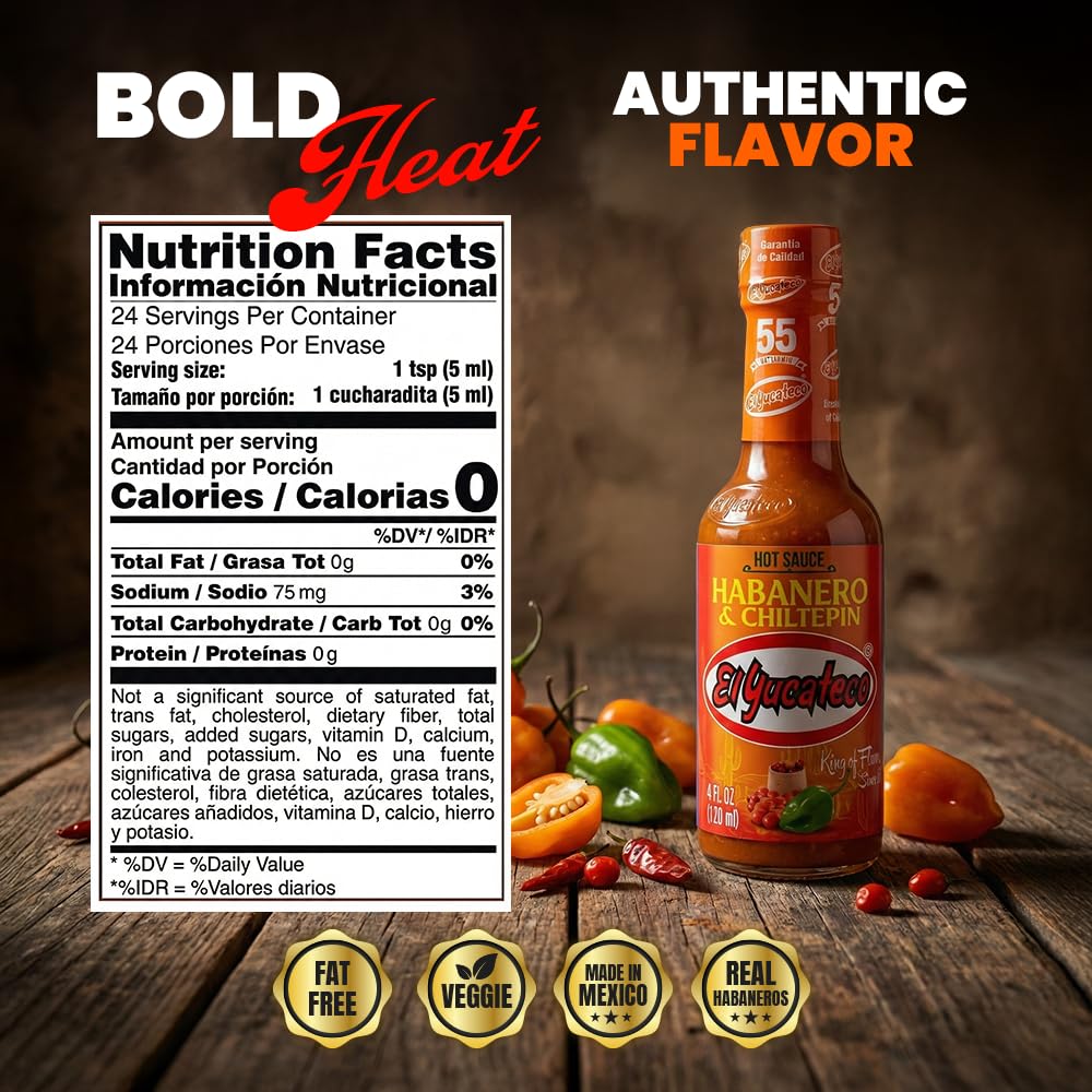 El Yucateco Habanero Chiltepin, Hot Sauce, Authentic Mexican Chile Habanero Sauce, 4 fl oz (120 ml), Gluten Free (Pack of 2)