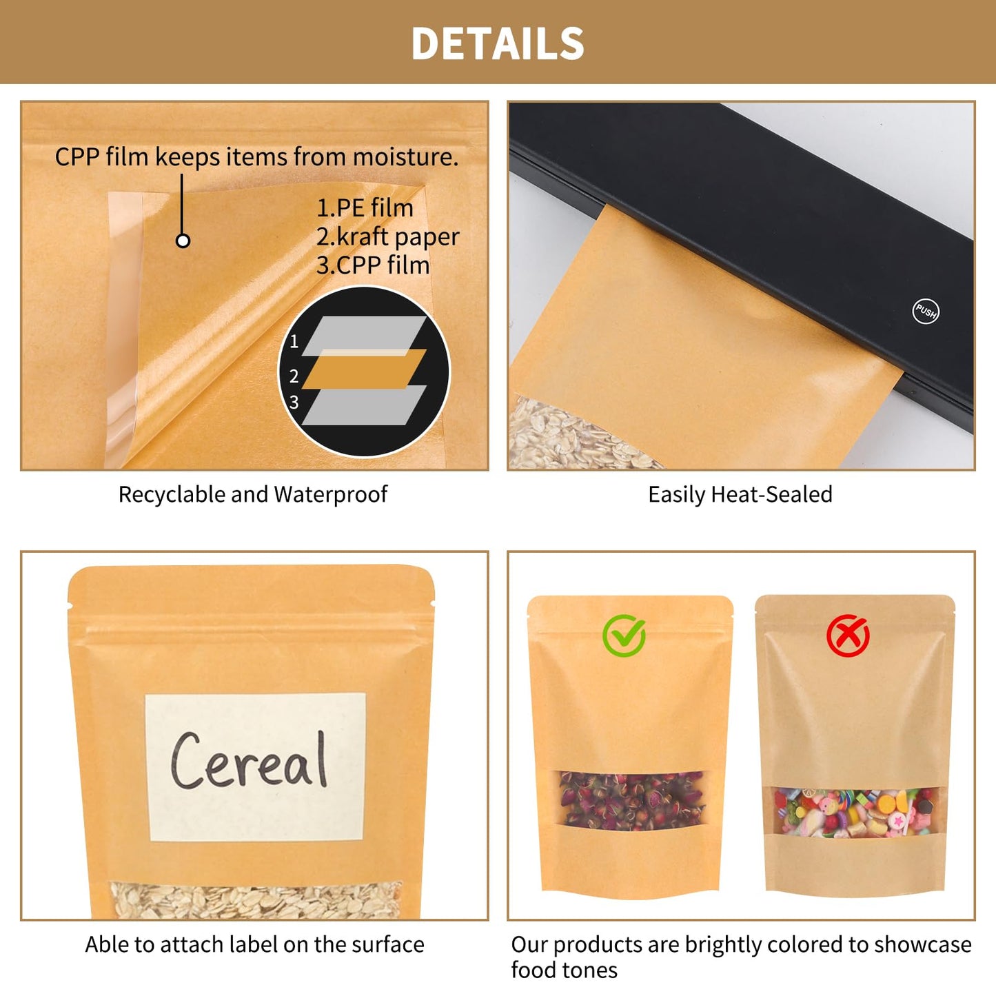 Moretoes 72pcs 5.9x8.6 Inches Kraft Paper Resealable Bags for Small Business, Stand Up Pouches, Food Packaging Bags with Window, Ziplock Coffee