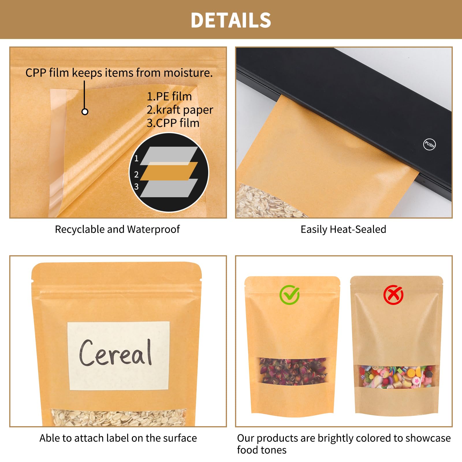 Moretoes 72pcs 5.9x8.6 Inches Kraft Paper Resealable Bags for Small Business, Stand Up Pouches, Food Packaging Bags with Window, Ziplock Coffee