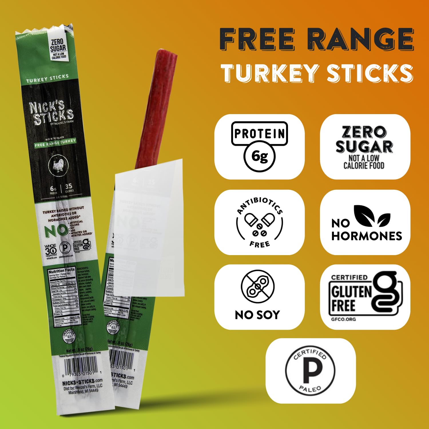 Nick's Sticks Clean & Balanced Free Range Turkey Snack Sticks | Made in the USA | Gluten Free | Paleo | Keto | Whole30 Approved | No Soy, Antibiotics