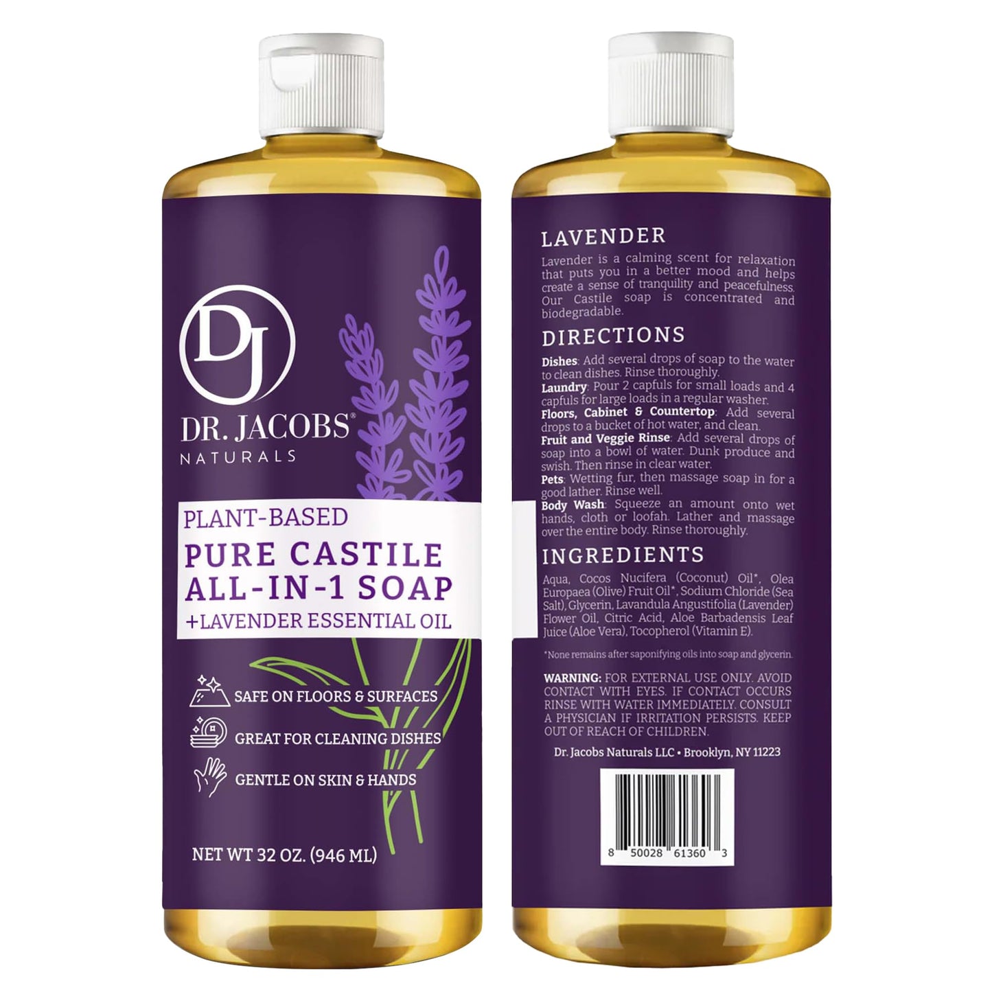 Dr. Jacobs Naturals Lavender Castile All-in-One Cleaner and Soap - Plant-Based Formula for House Cleaning Floors and Appliances - Gentle on Skin