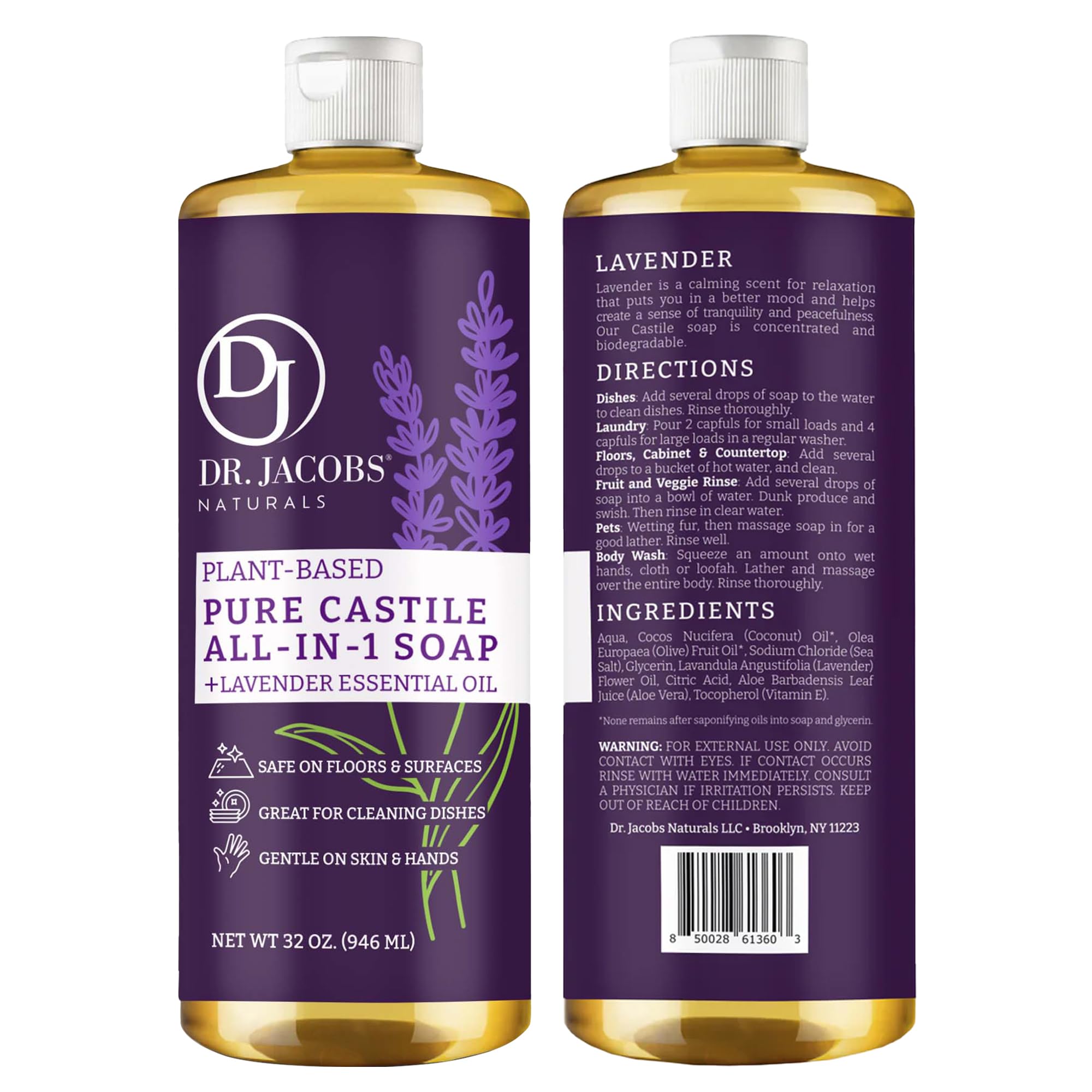 Dr. Jacobs Naturals Lavender Castile All-in-One Cleaner and Soap - Plant-Based Formula for House Cleaning Floors and Appliances - Gentle on Skin
