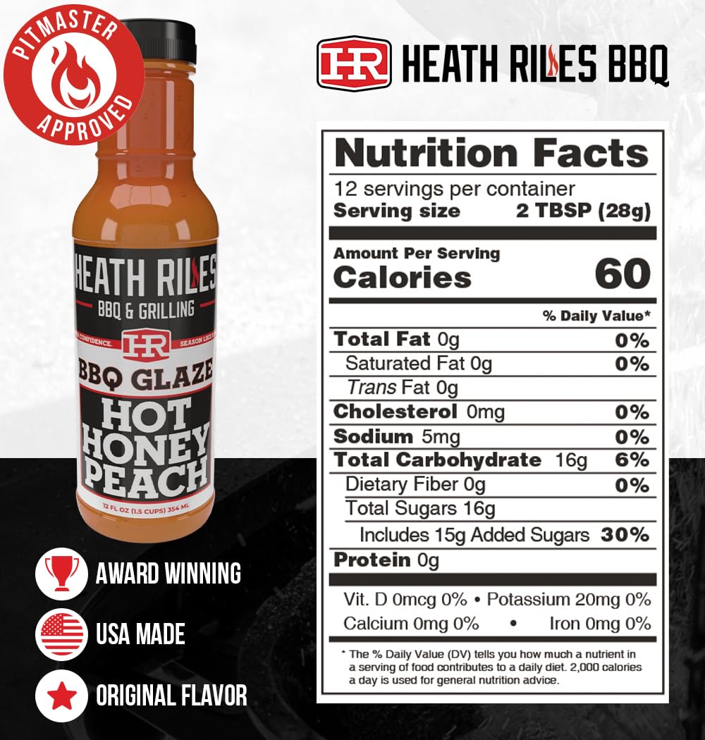 Heath Riles BBQ Hot Honey Peach BBQ Glaze - Sweet & Spicy Peach BBQ Sauce, Rib Glaze for Ribs, Pork, or Ham Glaze - 80+ BBQ Championships, 12 oz