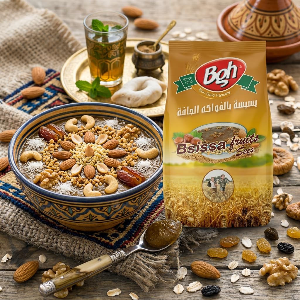 Bsissa Traditional Cereal Mix - Blé, Barley (Orge) & Nuts (Fruits Secs) Variations - Ben Gaid Hassine BGH, Roasted Grain Flour Blend, Authentic