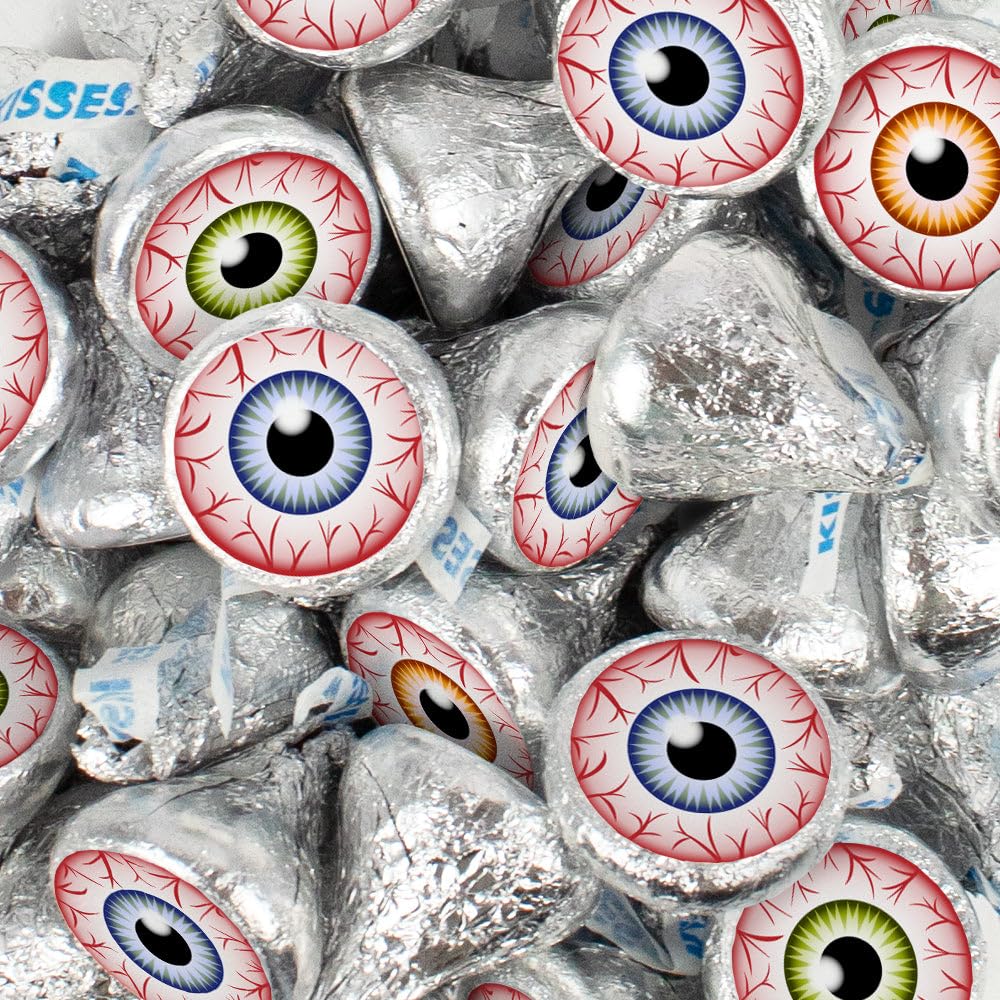 85 Pcs Chocolate Eyeballs Halloween Party Favors Googly Eyes Stickered Silver Kisses Candy (13.6oz) - No Assembly Required