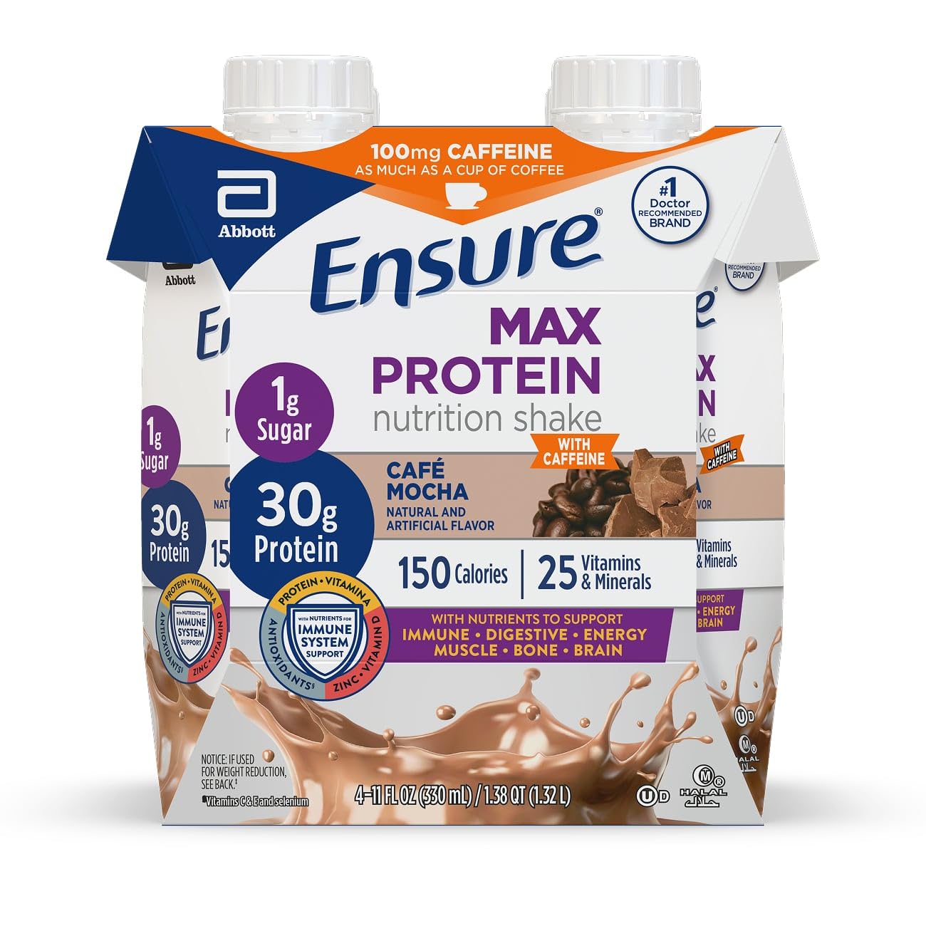 Ensure Max Protein Shake | Cafe Mocha | Ready to Drink | 30g Protein for Muscle Health | 1g Sugar, 4g Fiber | 11 fl oz, 4 Pack