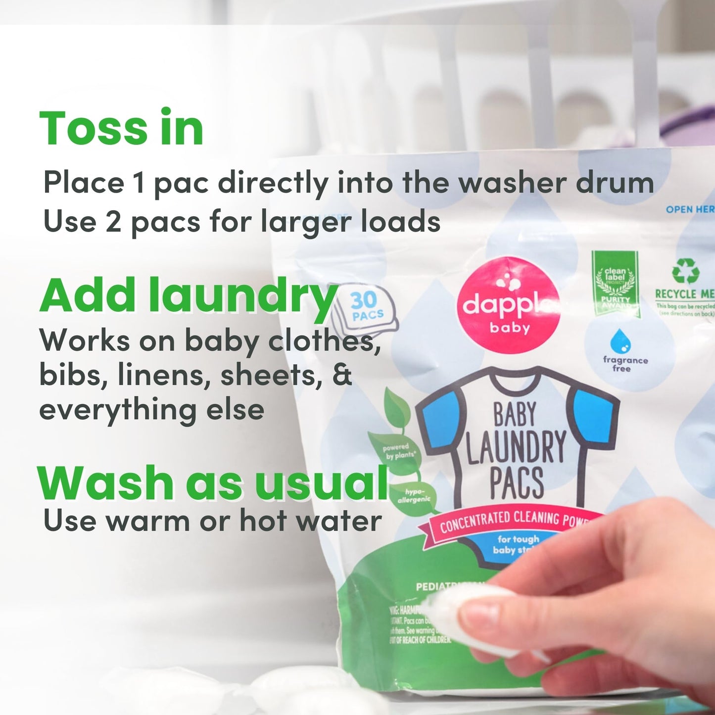 Dapple Baby Laundry Detergent Pacs - 30 Count - Fragrance-free Laundry Pods for Sensitive Skin - Plant-Powered Stain Remover - Newborn Essentials