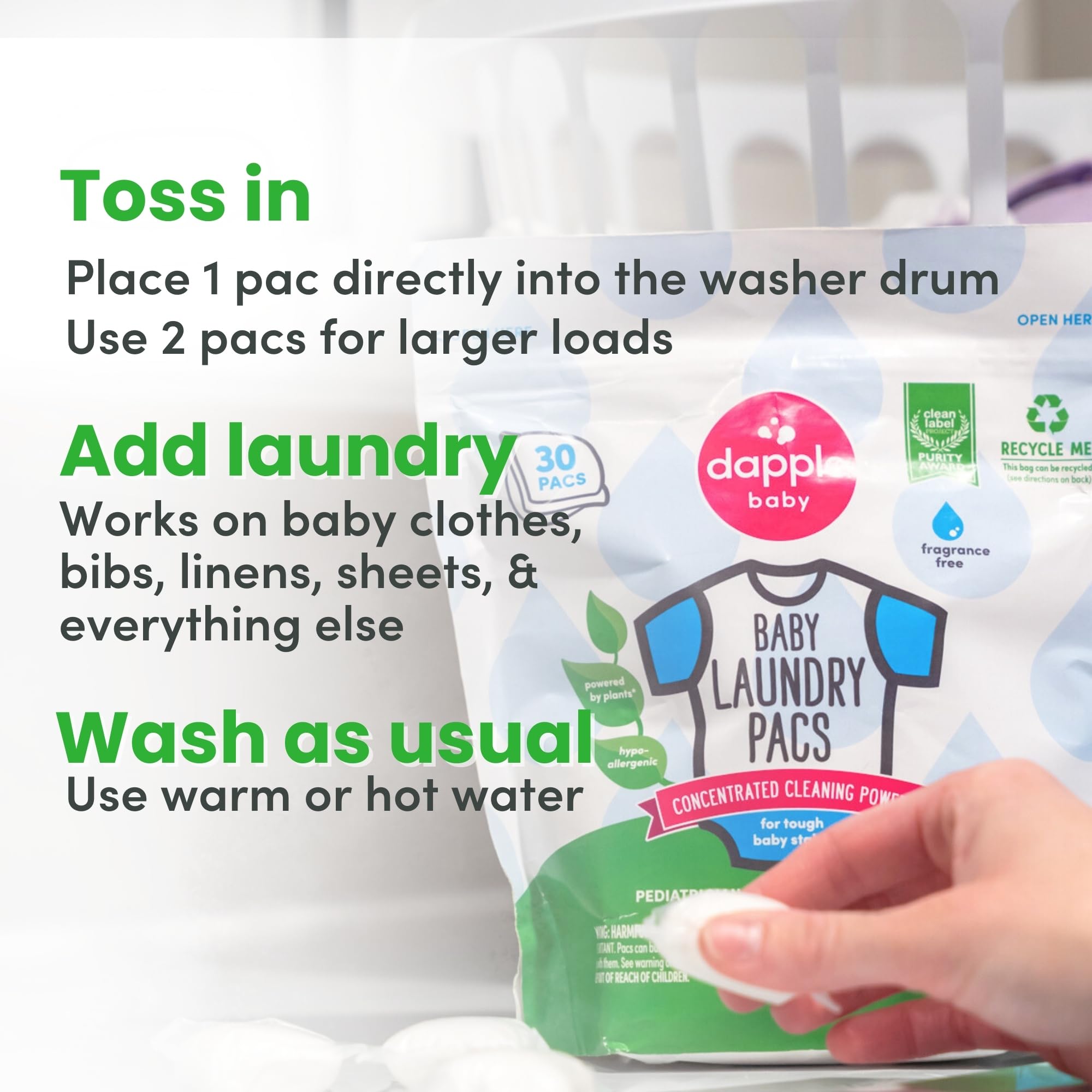 Dapple Baby Laundry Detergent Pacs - 30 Count - Fragrance-free Laundry Pods for Sensitive Skin - Plant-Powered Stain Remover - Newborn Essentials